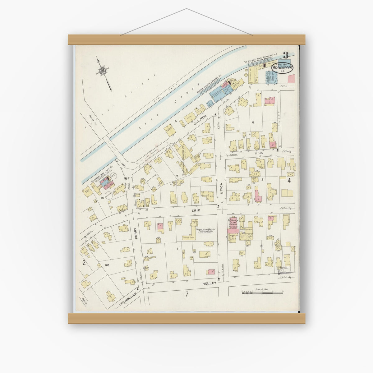 Old map wall art mockup — magnetic wood frame on white wall — Sanborn Fire Insurance Map from Brockport, Monroe County, New York (1914), Sheet #0003