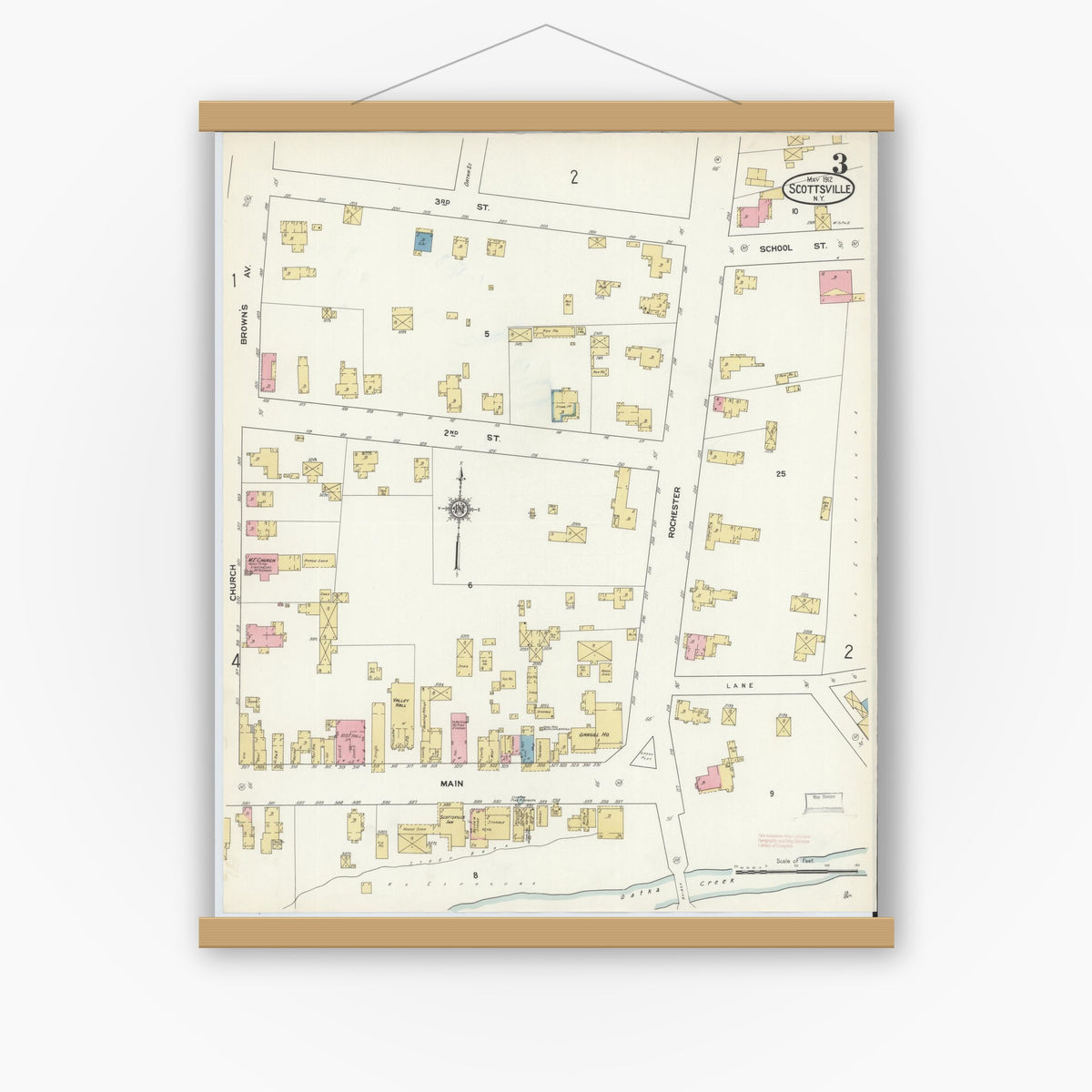 Old map wall art mockup — magnetic wood frame on white wall — Sanborn Fire Insurance Map from Scottsville, Monroe County, New York (1912), Sheet #0003