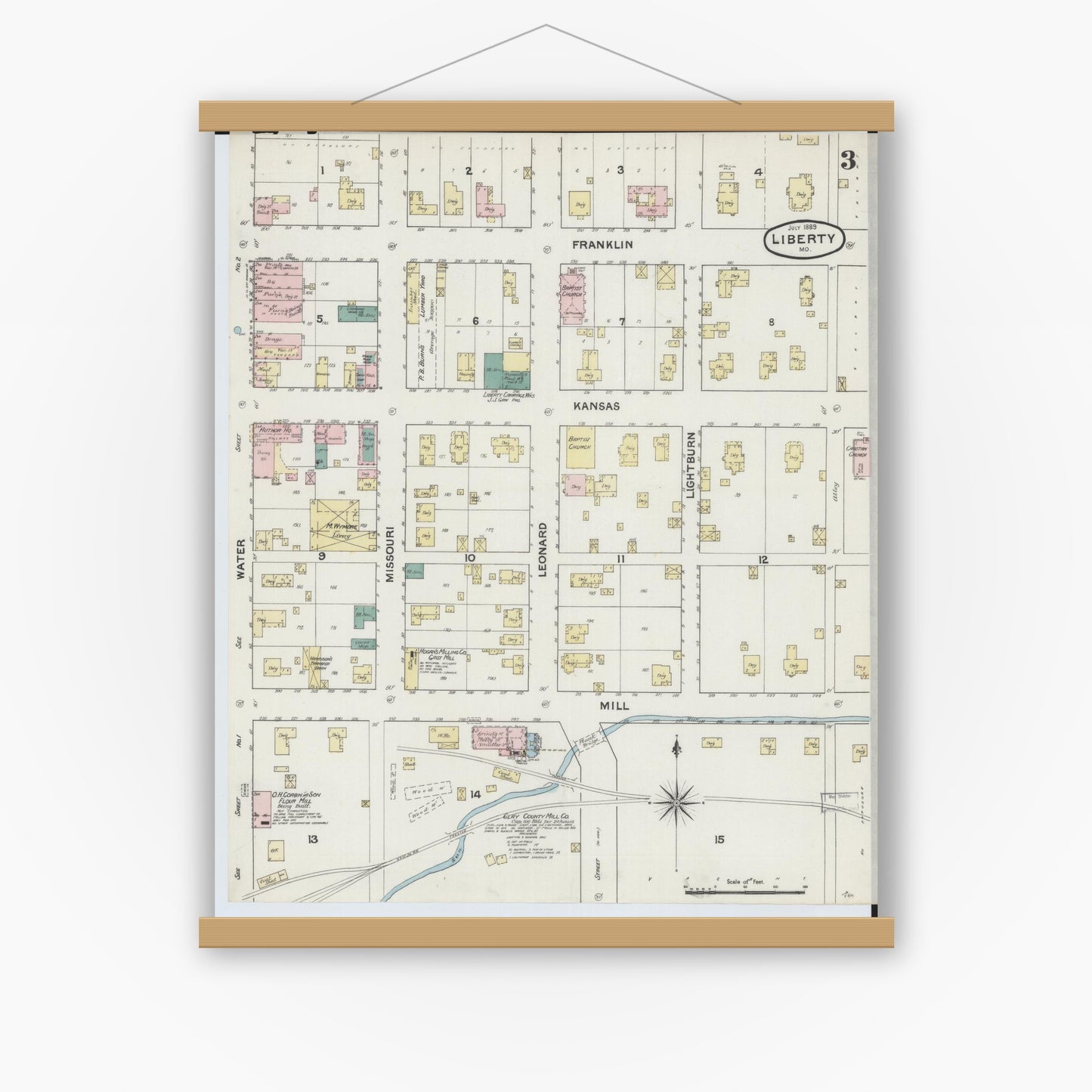 Old map wall art mockup — magnetic wood frame on white wall — Sanborn Fire Insurance Map from Liberty, Clay County, Missouri (1889), Sheet #0003