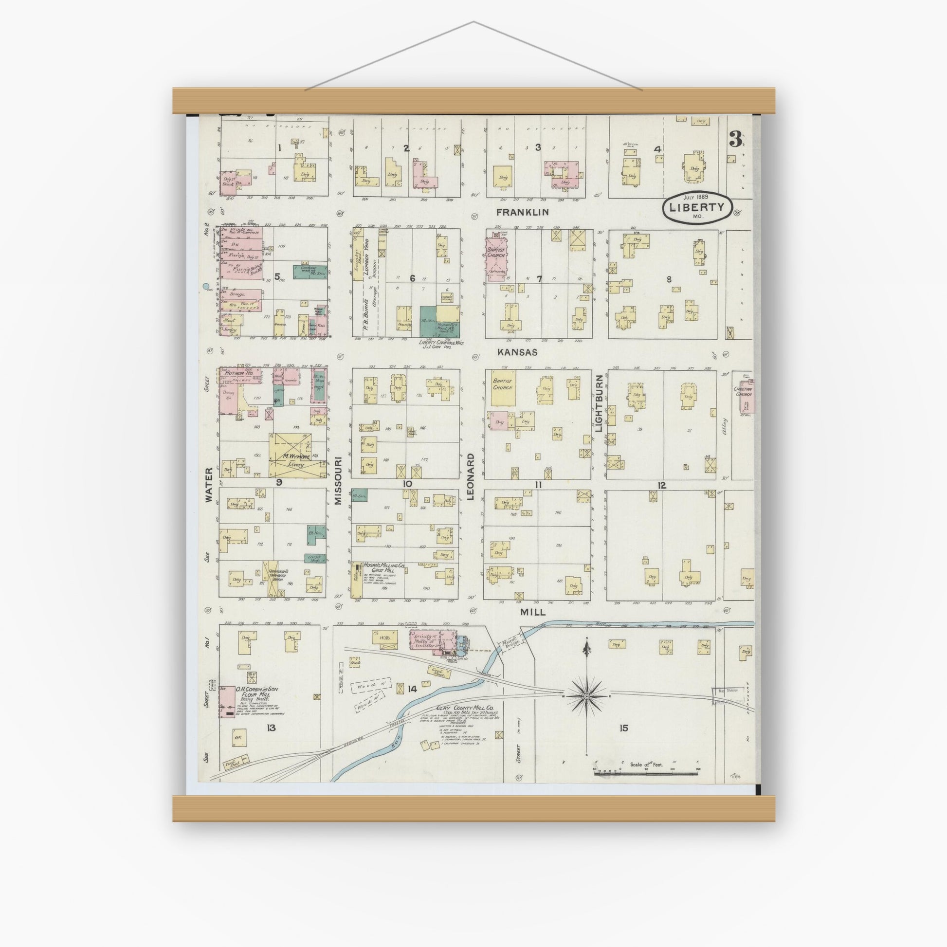 Old map wall art mockup — magnetic wood frame on white wall — Sanborn Fire Insurance Map from Liberty, Clay County, Missouri (1889), Sheet #0003