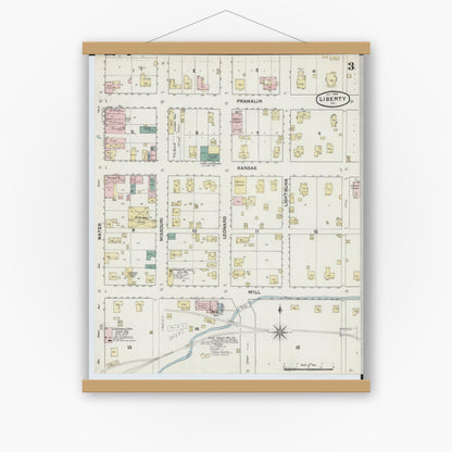 Old map wall art mockup — magnetic wood frame on white wall — Sanborn Fire Insurance Map from Liberty, Clay County, Missouri (1889), Sheet #0003