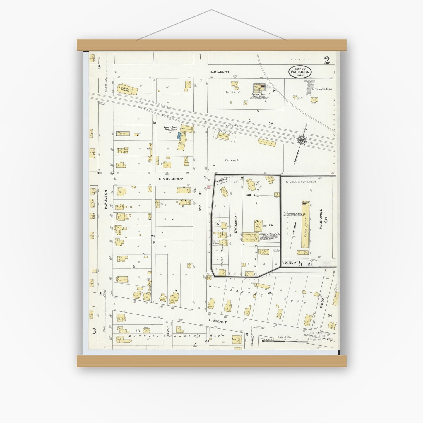 Old map wall art mockup — magnetic wood frame on white wall — Sanborn Fire Insurance Map from Wauseon, Fulton County, Ohio (1910), Sheet #0002
