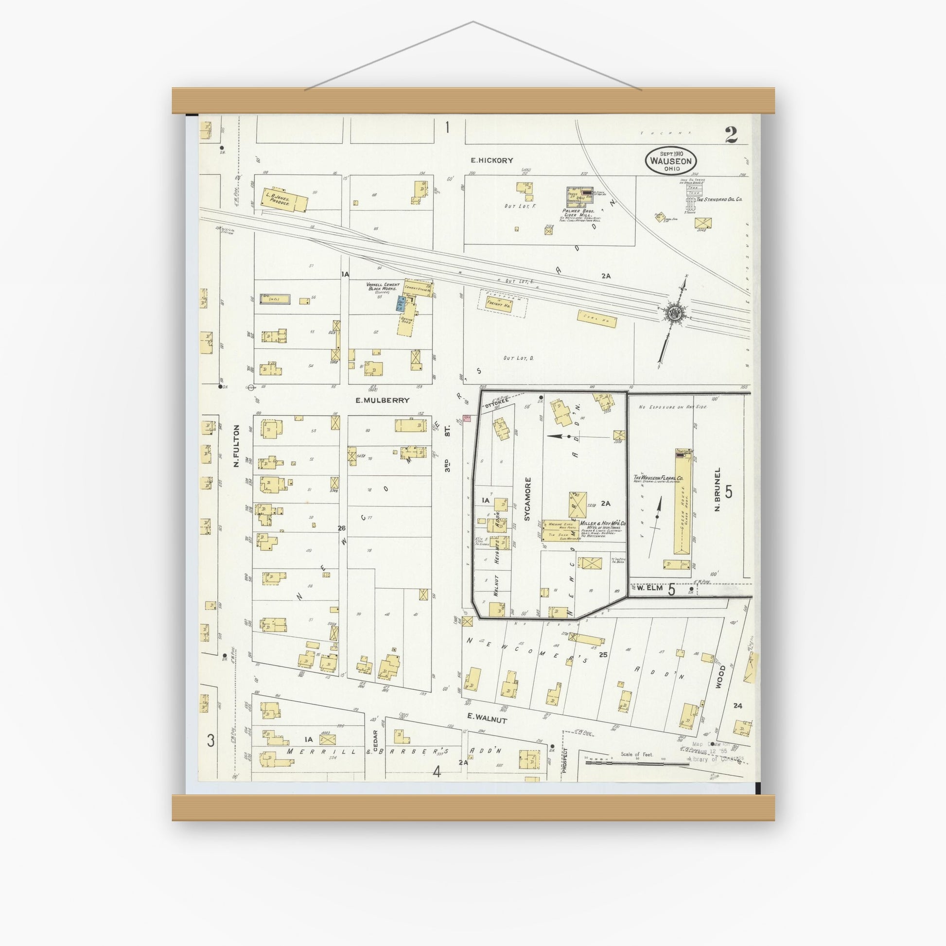 Old map wall art mockup — magnetic wood frame on white wall — Sanborn Fire Insurance Map from Wauseon, Fulton County, Ohio (1910), Sheet #0002