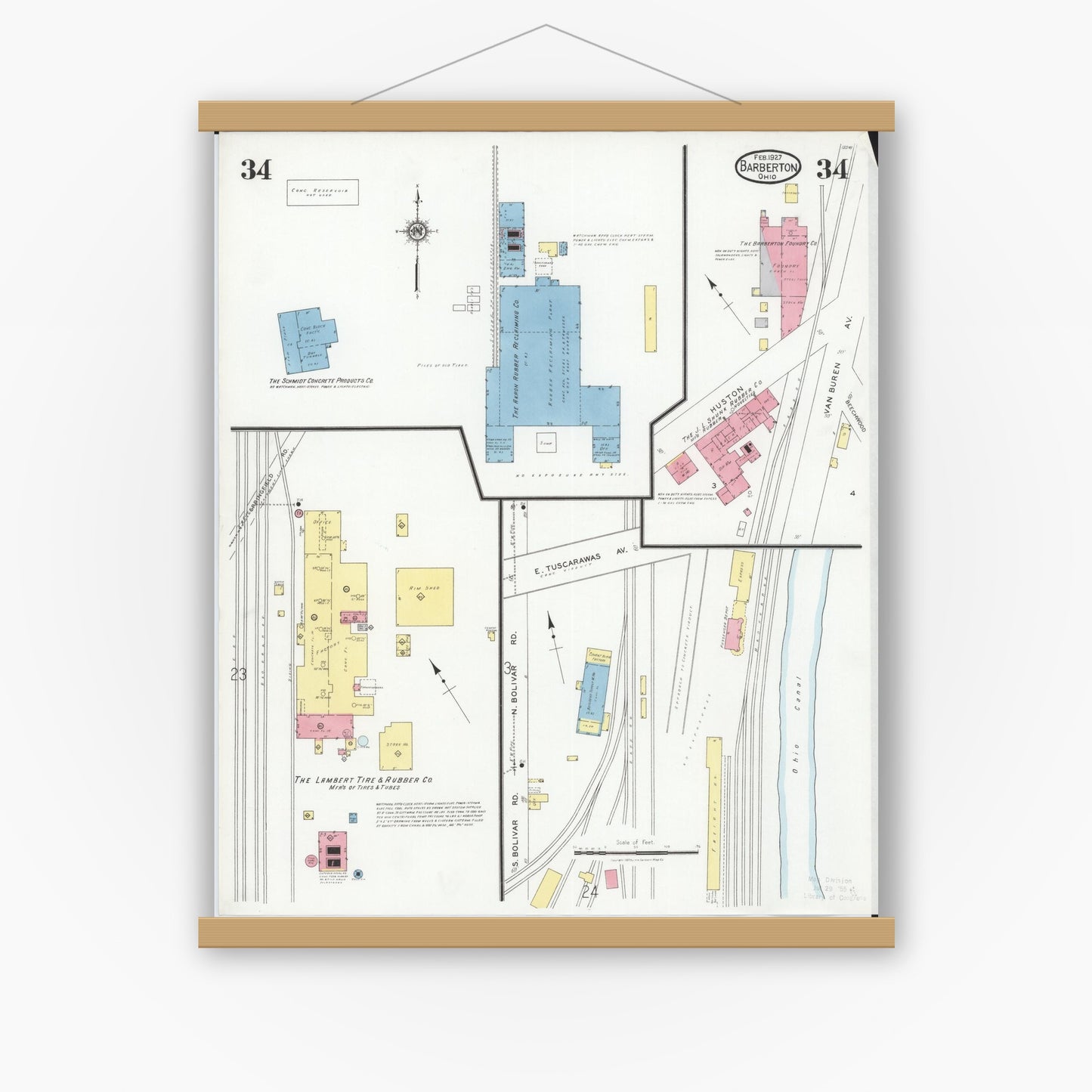 Old map wall art mockup — magnetic wood frame on white wall — Sanborn Fire Insurance Map from Barberton, Summit County, Ohio (1927), Sheet #0034