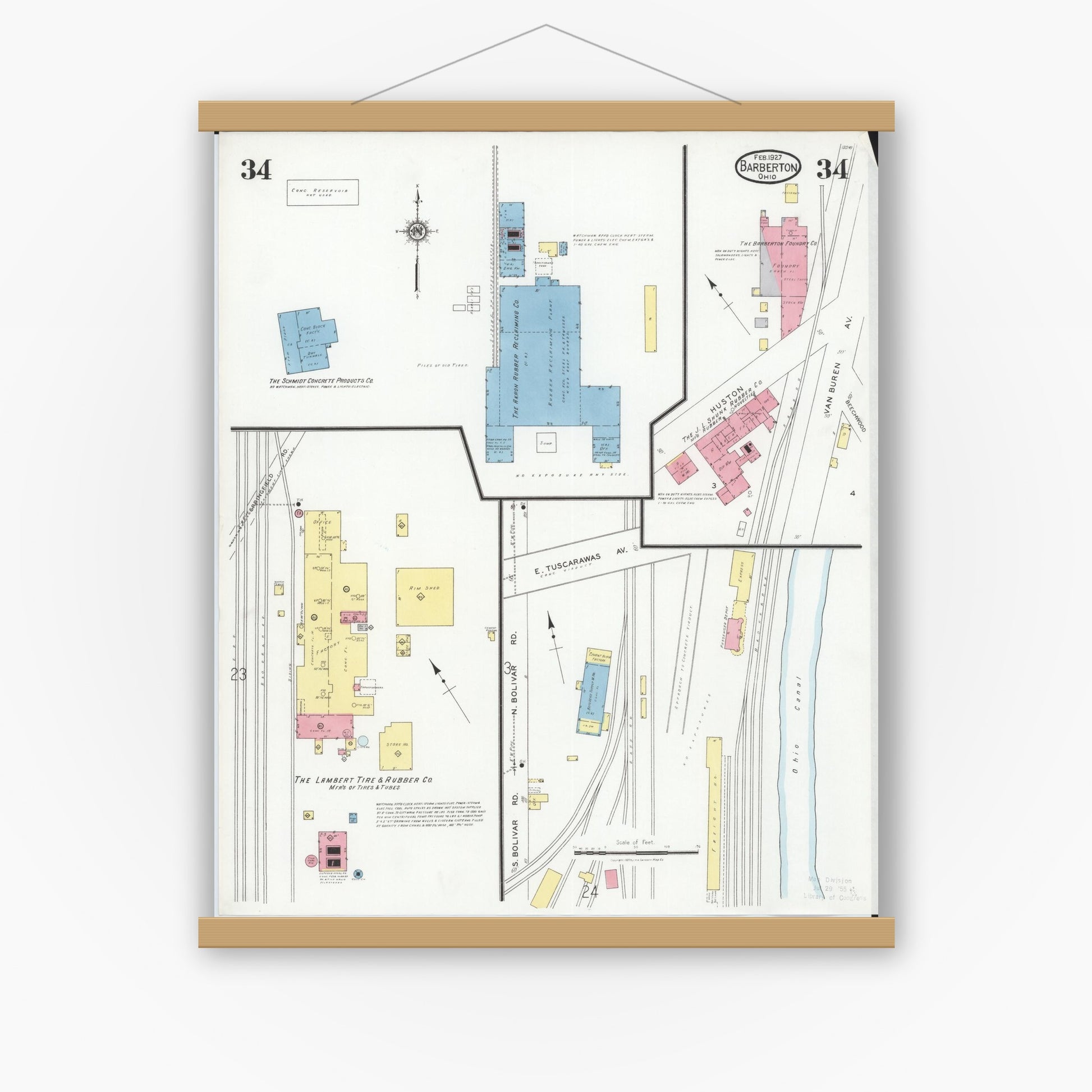 Old map wall art mockup — magnetic wood frame on white wall — Sanborn Fire Insurance Map from Barberton, Summit County, Ohio (1927), Sheet #0034