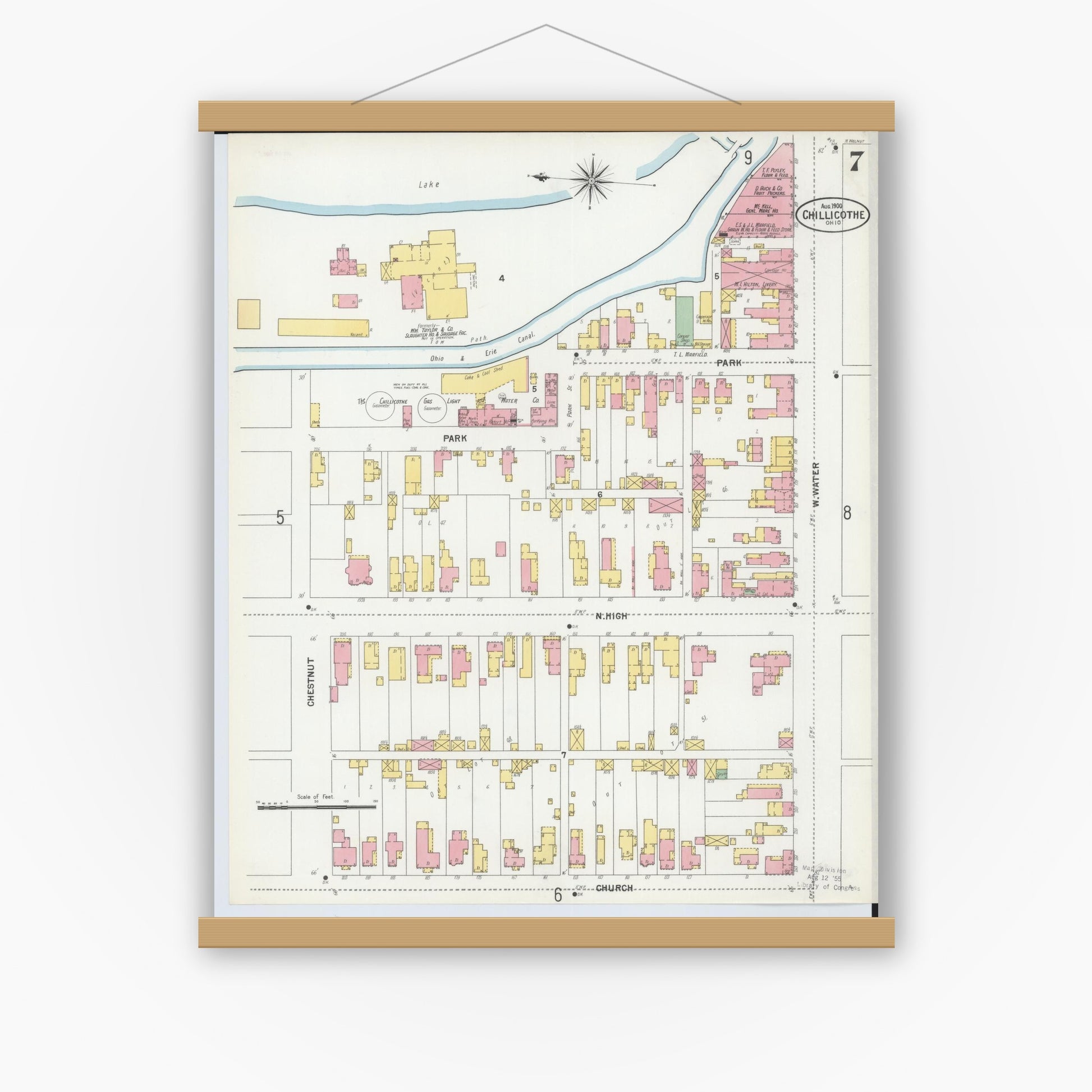 Old map wall art mockup — magnetic wood frame on white wall — Sanborn Fire Insurance Map from Chillicothe, Ross County, Ohio (1900), Sheet #0007