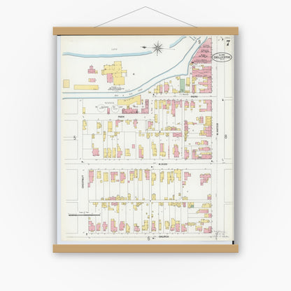 Old map wall art mockup — magnetic wood frame on white wall — Sanborn Fire Insurance Map from Chillicothe, Ross County, Ohio (1900), Sheet #0007
