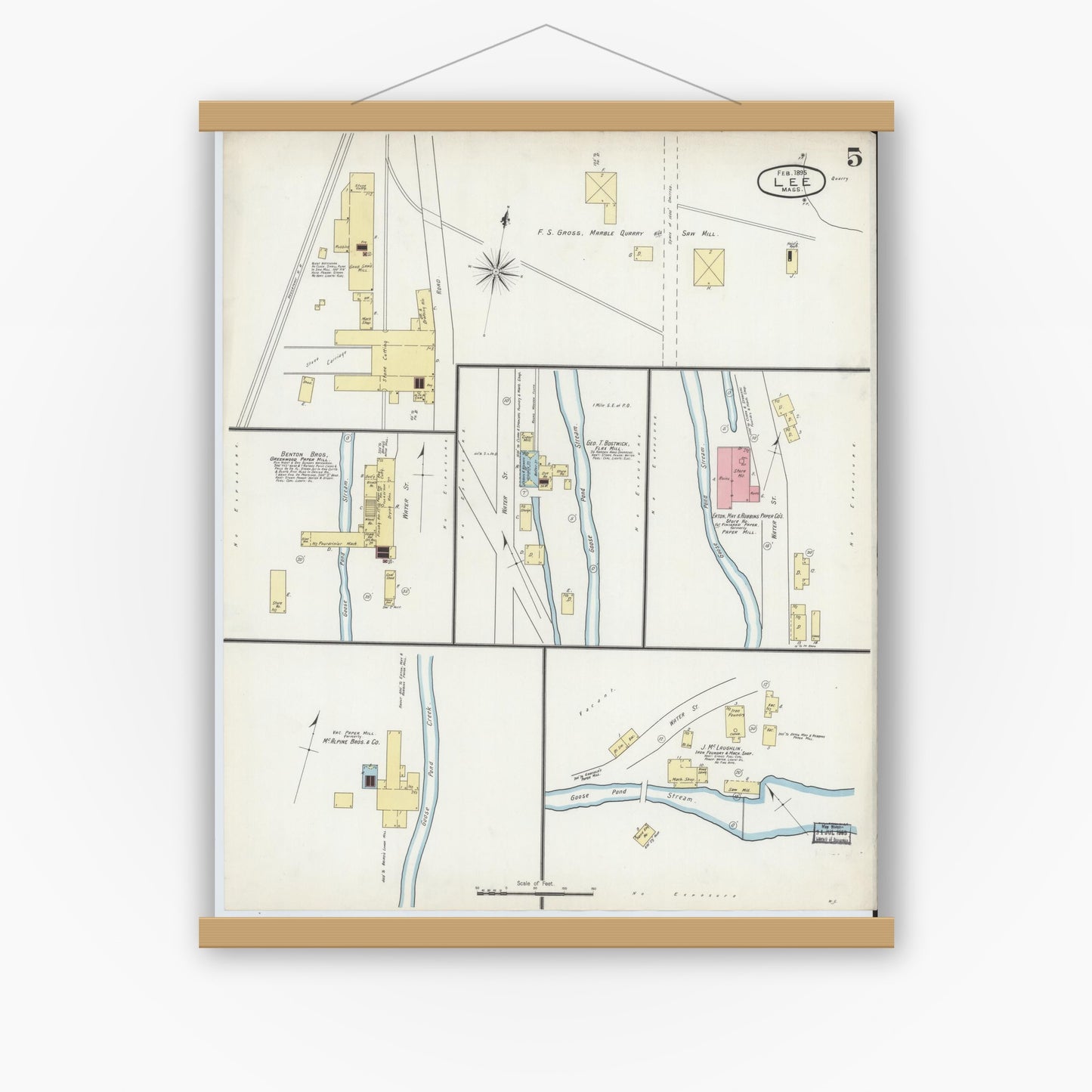 Old map wall art mockup — magnetic wood frame on white wall — Sanborn Fire Insurance Map from Lee, Berkshire County, Massachusetts (1895), Sheet #0005