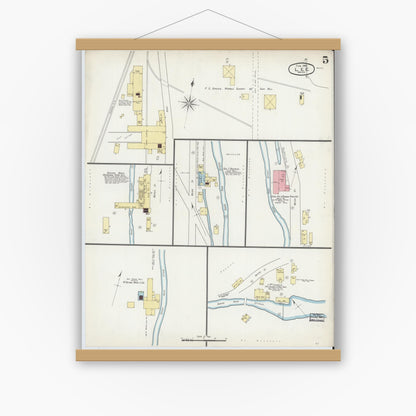Old map wall art mockup — magnetic wood frame on white wall — Sanborn Fire Insurance Map from Lee, Berkshire County, Massachusetts (1895), Sheet #0005