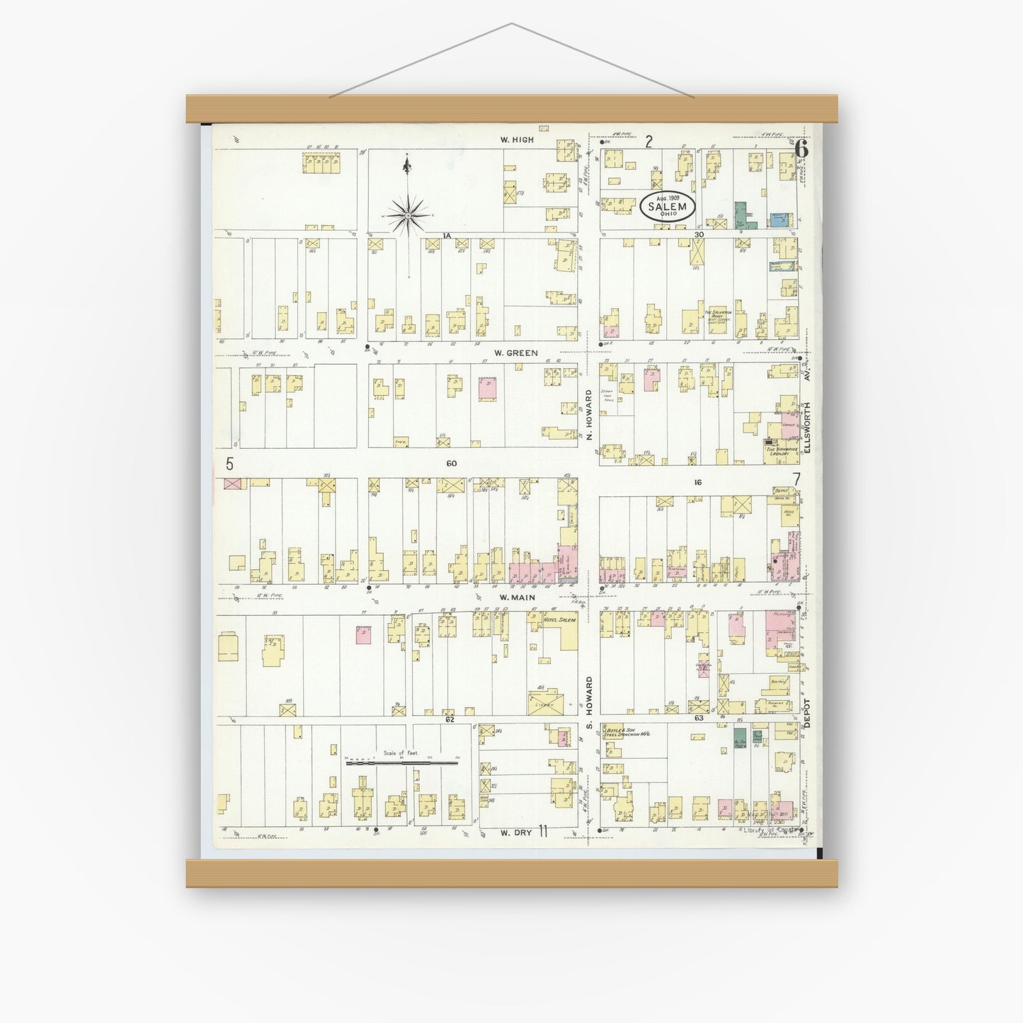 Old map wall art mockup — magnetic wood frame on white wall — Sanborn Fire Insurance Map from Salem, Columbiana County, Ohio (1909), Sheet #0006