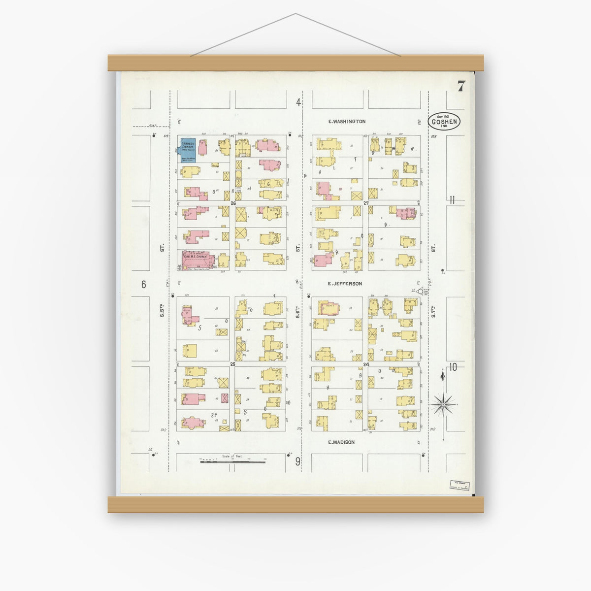 Old map wall art mockup — magnetic wood frame on white wall — Sanborn Fire Insurance Map from Goshen, Elkhart County, Indiana (1901), Sheet #0007