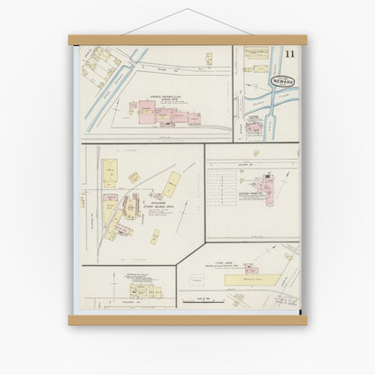 Old map wall art mockup — magnetic wood frame on white wall — Sanborn Fire Insurance Map from Newark, Licking County, Ohio (1889), Sheet #0011