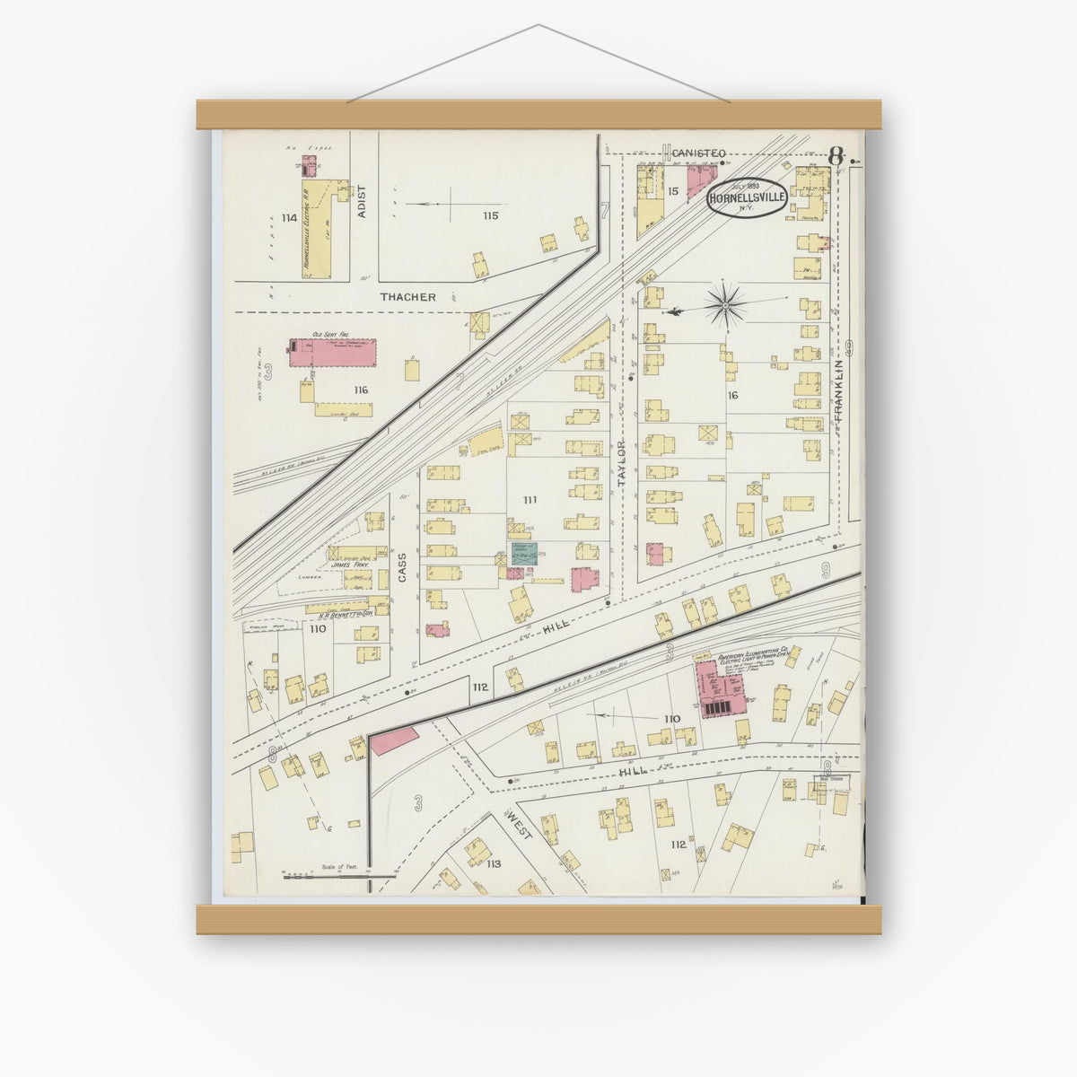 Old map wall art mockup — magnetic wood frame on white wall — Sanborn Fire Insurance Map from Hornell, Steuben County, New York (1893), Sheet #0008
