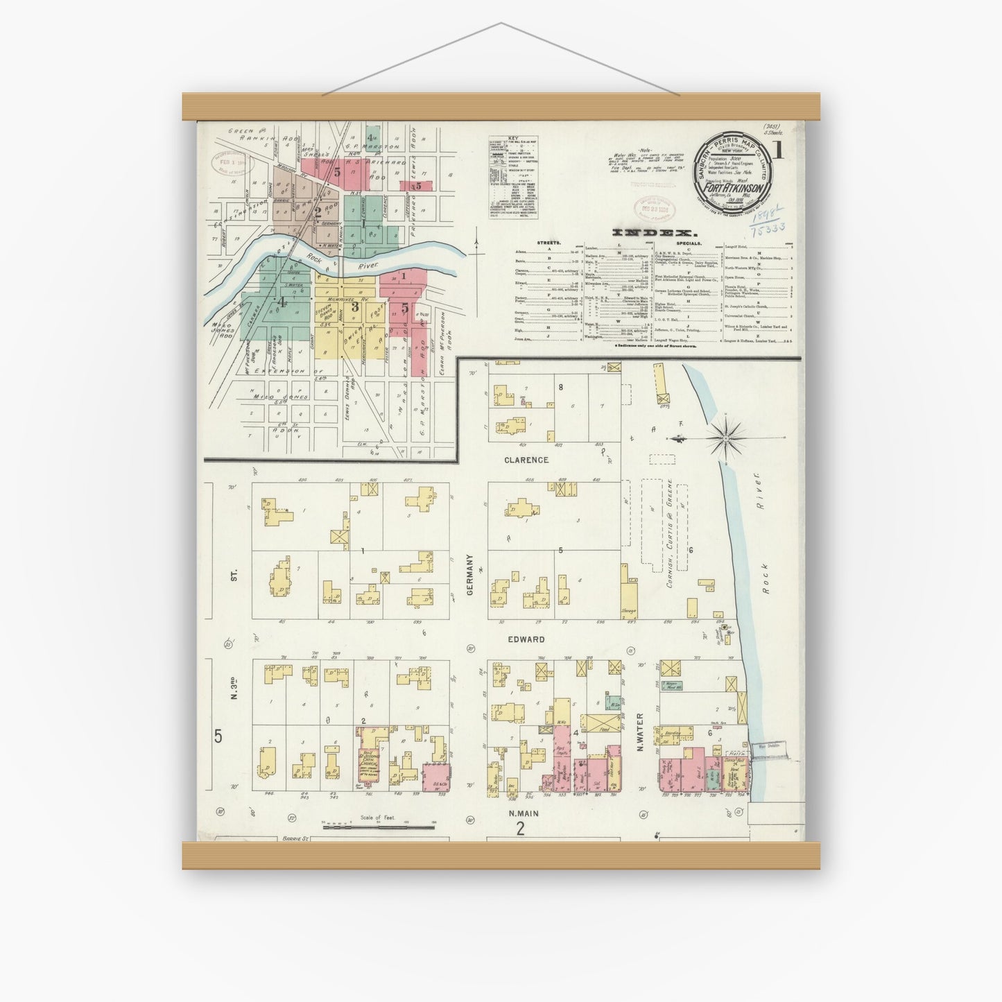 Old map wall art mockup — magnetic wood frame on white wall — Sanborn Fire Insurance Map from Fort Atkinson, Jefferson County, Wisconsin (1898), Sheet #0001