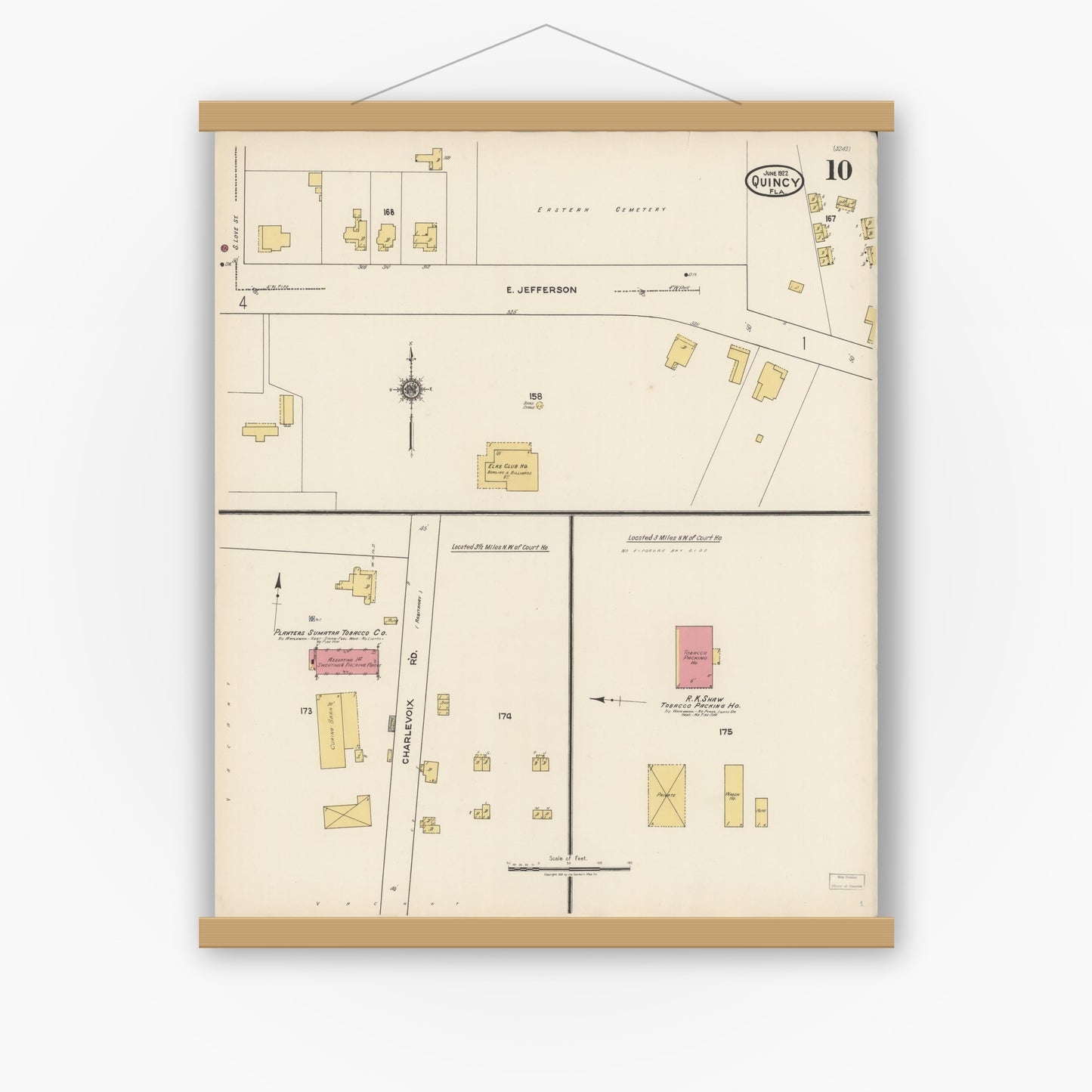 Old map wall art mockup — magnetic wood frame on white wall — Sanborn Fire Insurance Map from Quincy, Gadsden County, Florida (1922), Sheet #0010