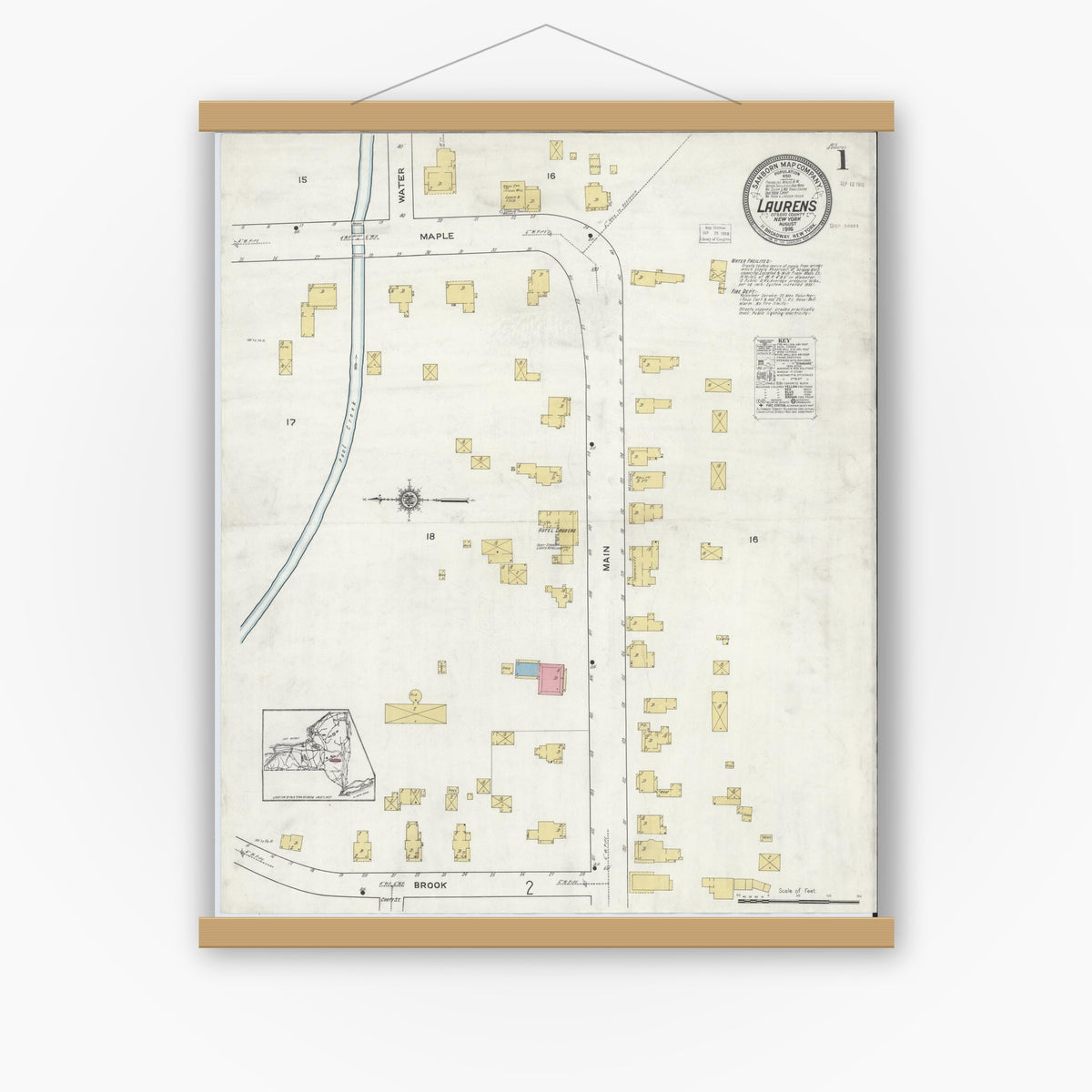 Old map wall art mockup — magnetic wood frame on white wall — Sanborn Fire Insurance Map from Laurens, Otsego County, New York (1916) - Complete Map Set