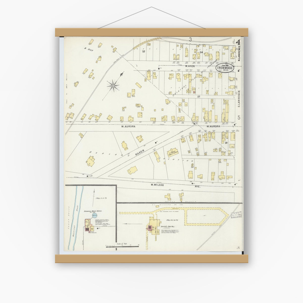 Old map wall art mockup — magnetic wood frame on white wall — Sanborn Fire Insurance Map from Ironwood, Gogebic County, Michigan (1898), Sheet #0004