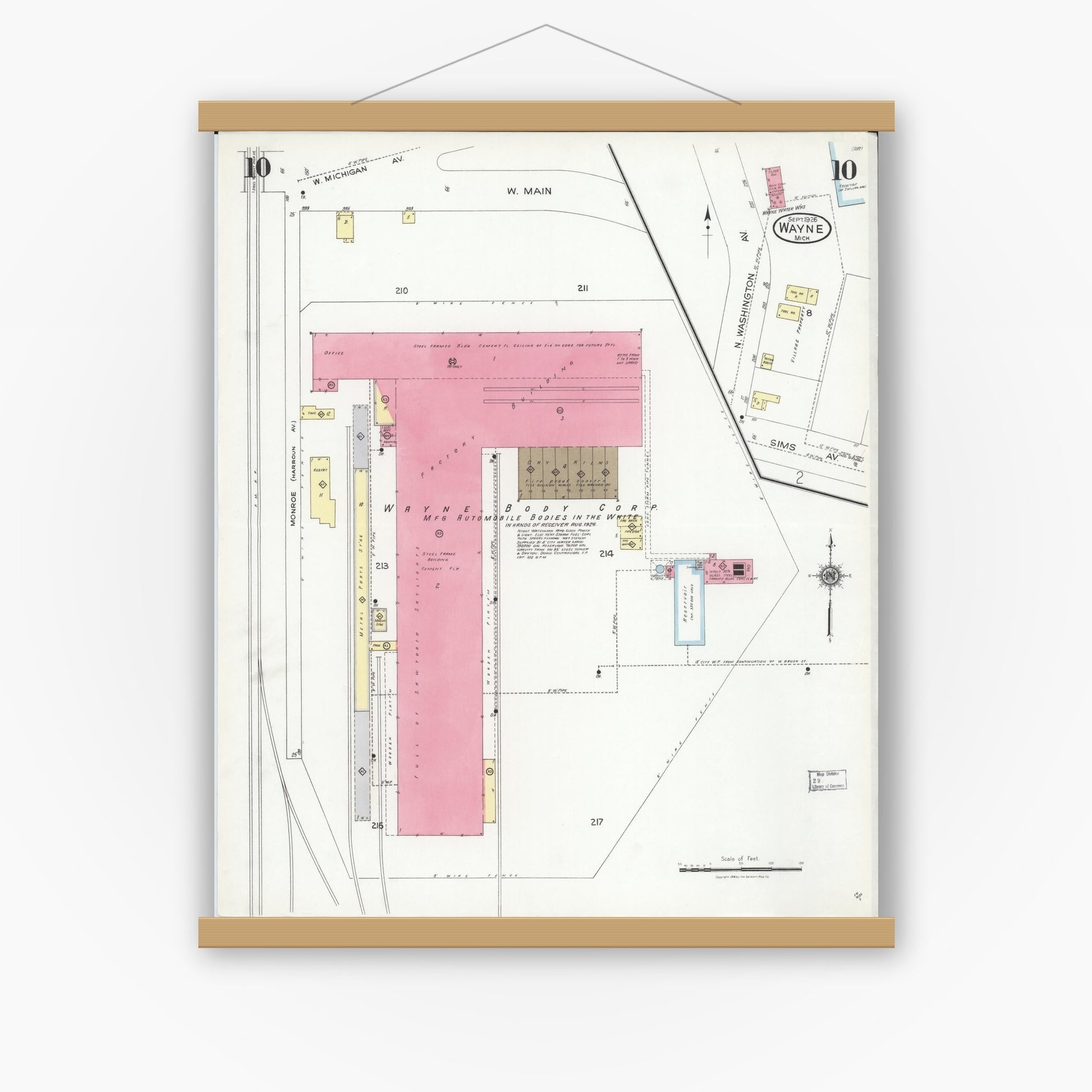 Old map wall art mockup — magnetic wood frame on white wall — Sanborn Fire Insurance Map from Wayne, Wayne County, Michigan (1926), Sheet #0010