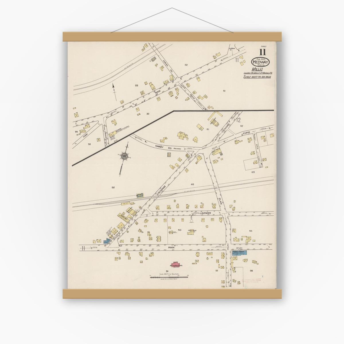 Old map wall art mockup — magnetic wood frame on white wall — Sanborn Fire Insurance Map from Medway, Norfolk County, Massachusetts (1922), Sheet #0011