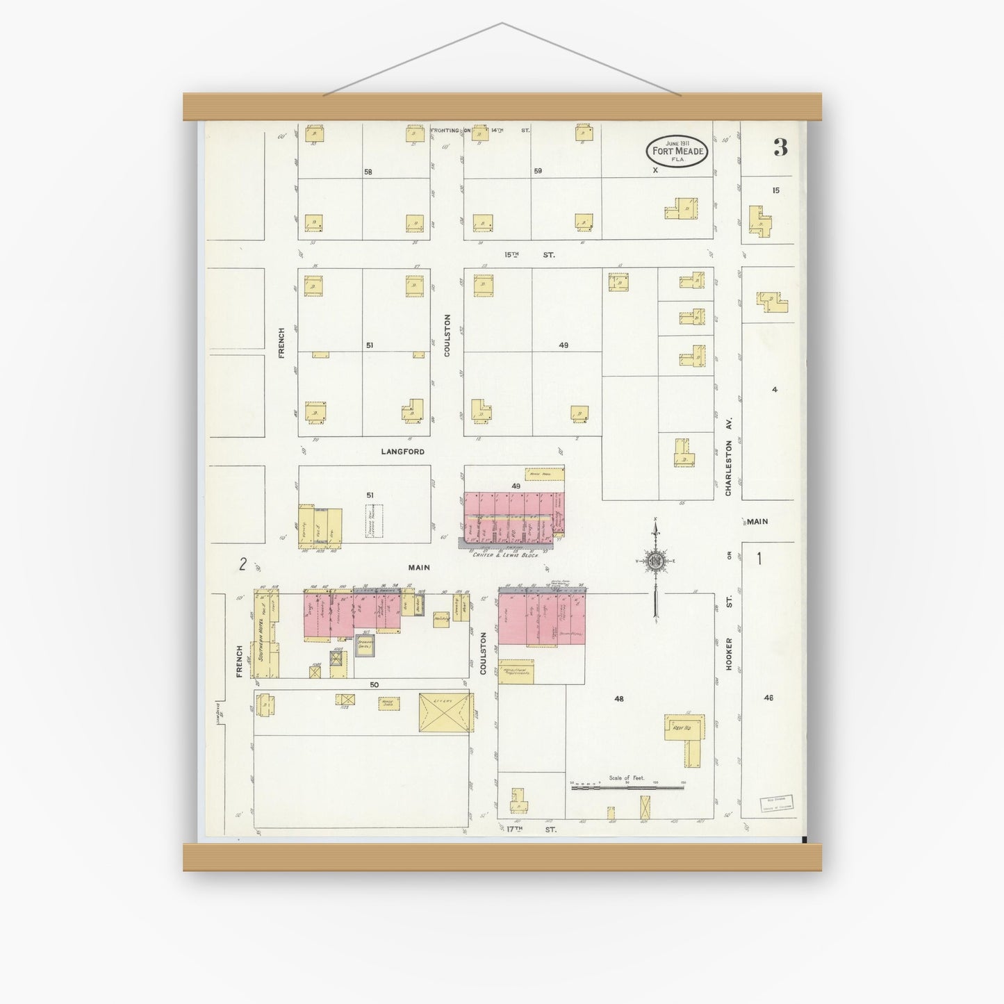Old map wall art mockup — magnetic wood frame on white wall — Sanborn Fire Insurance Map from Fort Meade, Polk County, Florida (1911), Sheet #0003