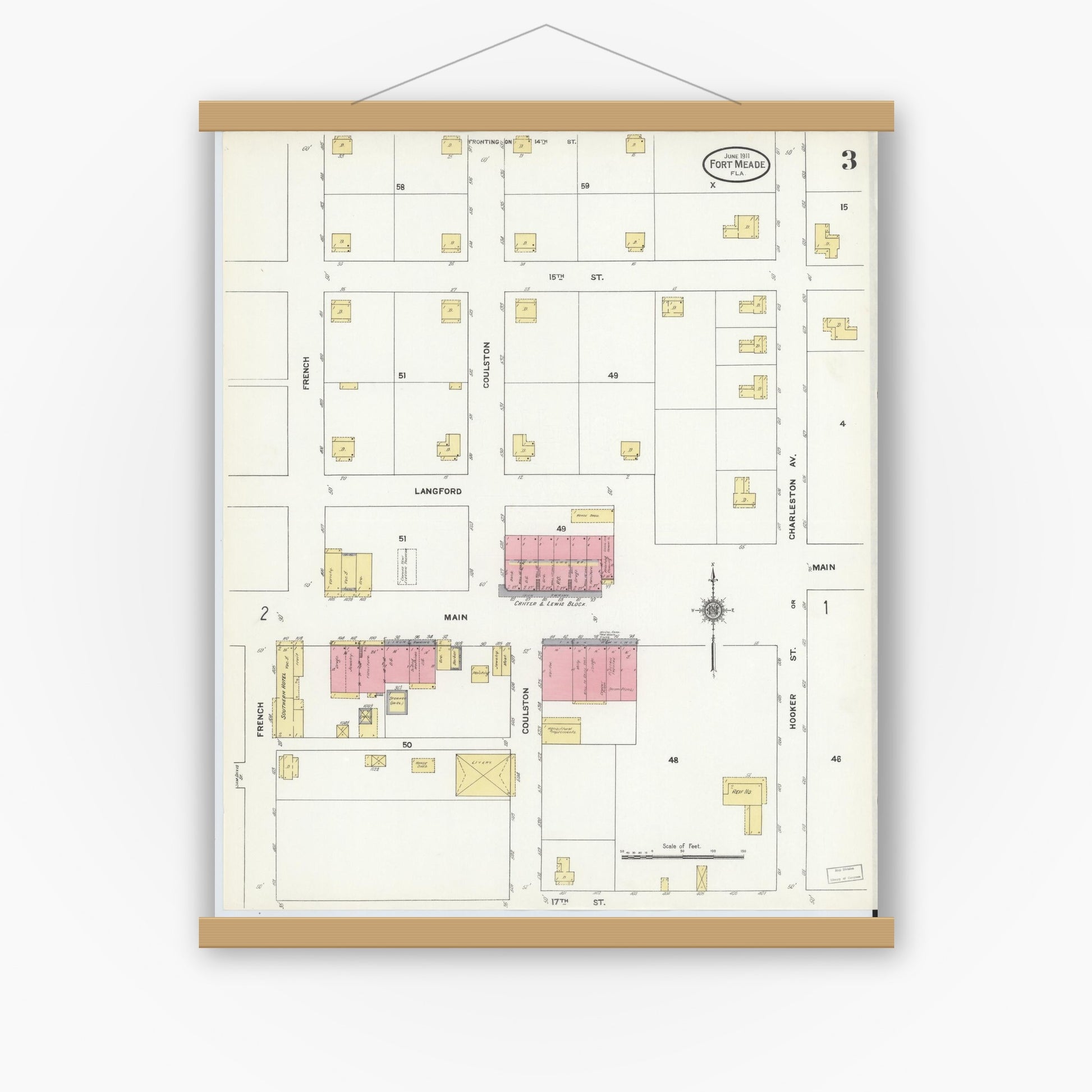 Old map wall art mockup — magnetic wood frame on white wall — Sanborn Fire Insurance Map from Fort Meade, Polk County, Florida (1911), Sheet #0003