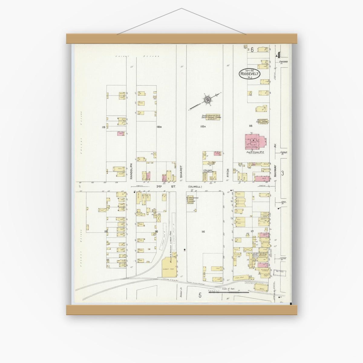 Old map wall art mockup — magnetic wood frame on white wall — Sanborn Fire Insurance Map from Roosevelt, Middlesex County, New Jersey (1912), Sheet #0004