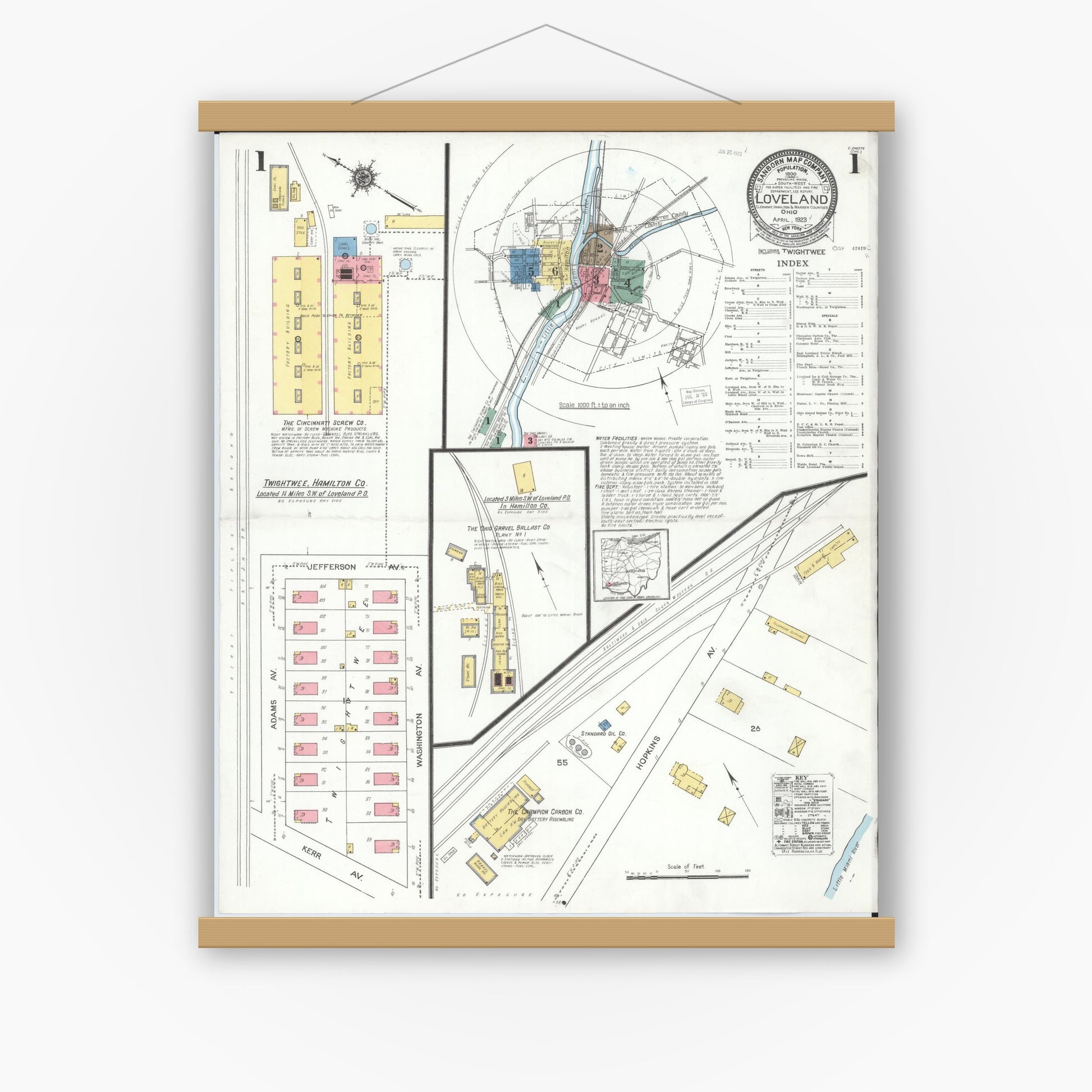Old map wall art mockup — magnetic wood frame on white wall — Sanborn Fire Insurance Map from Loveland, Clermont, Hamilton, And Warren County, Ohio (1923), Sheet #0001
