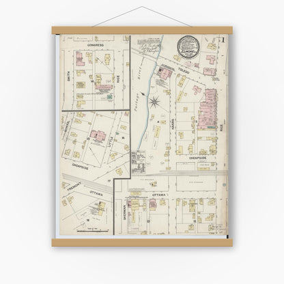 Old map wall art mockup — magnetic wood frame on white wall — Sanborn Fire Insurance Map from Elmore, Ottawa County, Ohio (1888) - Complete Map Set