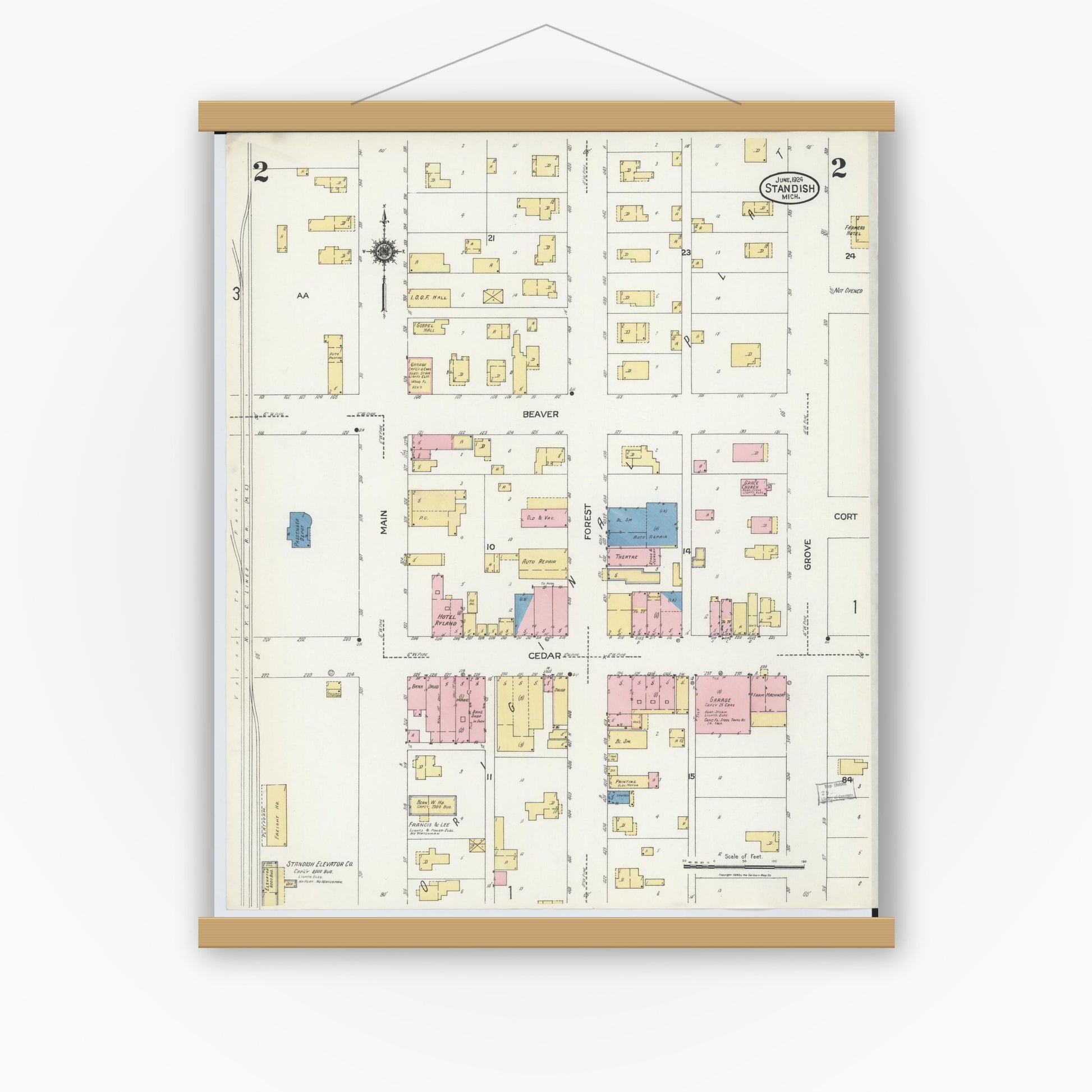 Old map wall art mockup — magnetic wood frame on white wall — Sanborn Fire Insurance Map from Standish, Arenac County, Michigan (1924), Sheet #0002