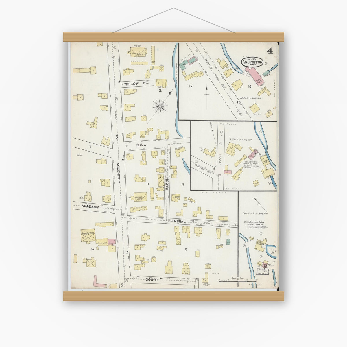 Old map wall art mockup — magnetic wood frame on white wall — Sanborn Fire Insurance Map from Arlington, Middlesex County, Massachusetts (1892), Sheet #0004