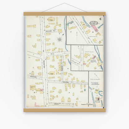 Old map wall art mockup — magnetic wood frame on white wall — Sanborn Fire Insurance Map from Arlington, Middlesex County, Massachusetts (1892), Sheet #0004
