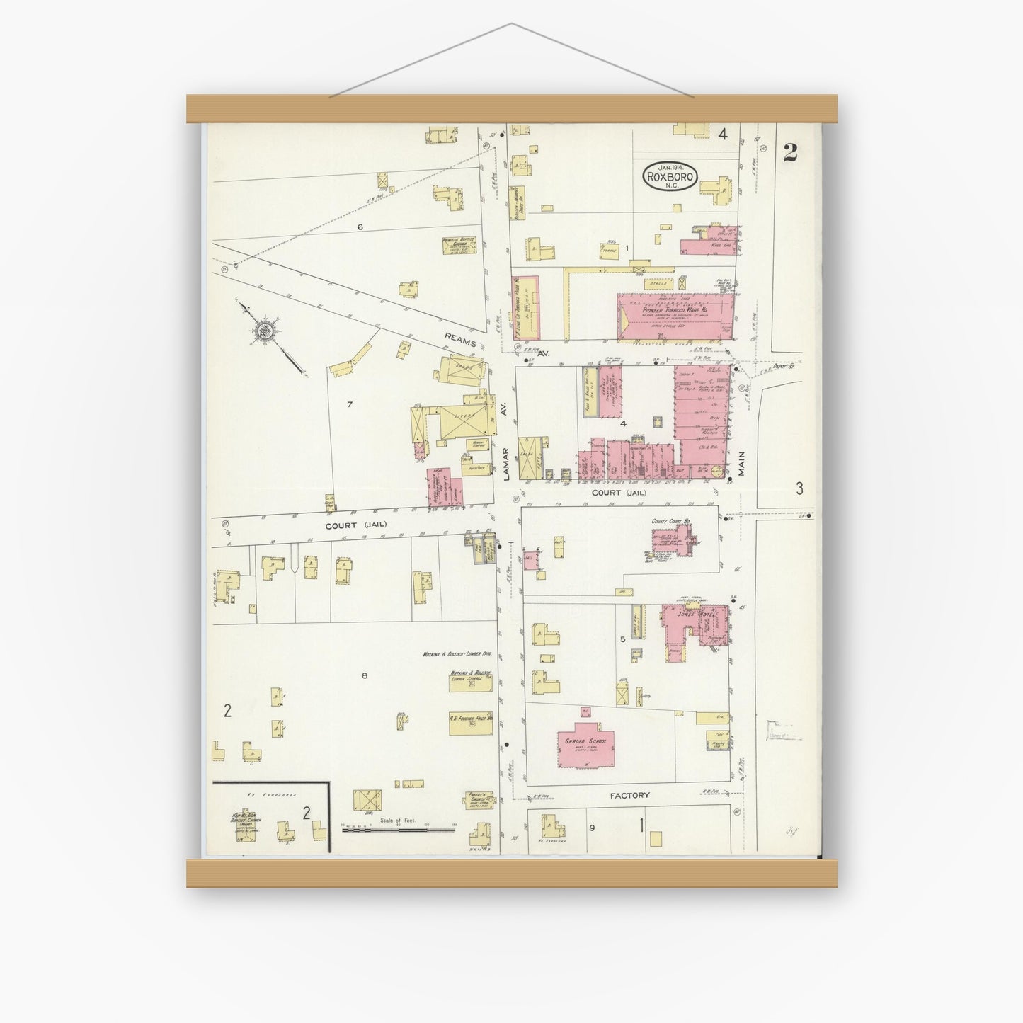 Old map wall art mockup — magnetic wood frame on white wall — Sanborn Fire Insurance Map from Roxboro, Person County, North Carolina (1914), Sheet #0002