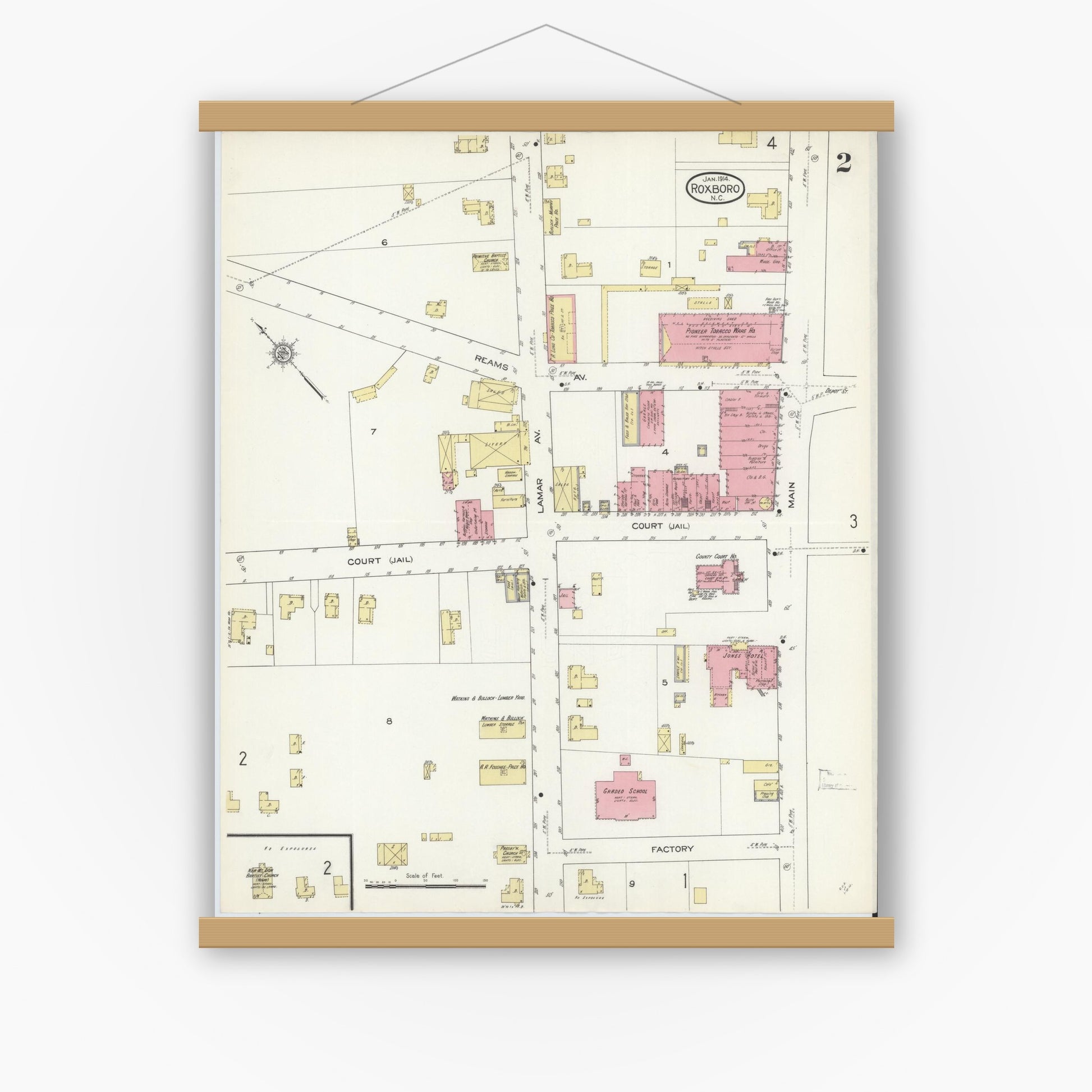 Old map wall art mockup — magnetic wood frame on white wall — Sanborn Fire Insurance Map from Roxboro, Person County, North Carolina (1914), Sheet #0002