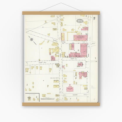Old map wall art mockup — magnetic wood frame on white wall — Sanborn Fire Insurance Map from Roxboro, Person County, North Carolina (1914), Sheet #0002