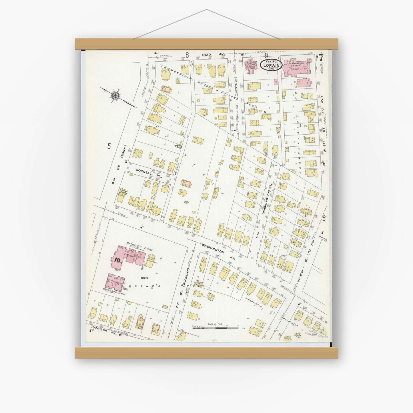Old map wall art mockup — magnetic wood frame on white wall — Sanborn Fire Insurance Map from Lorain, Lorain County, Ohio (1910), Sheet #0007