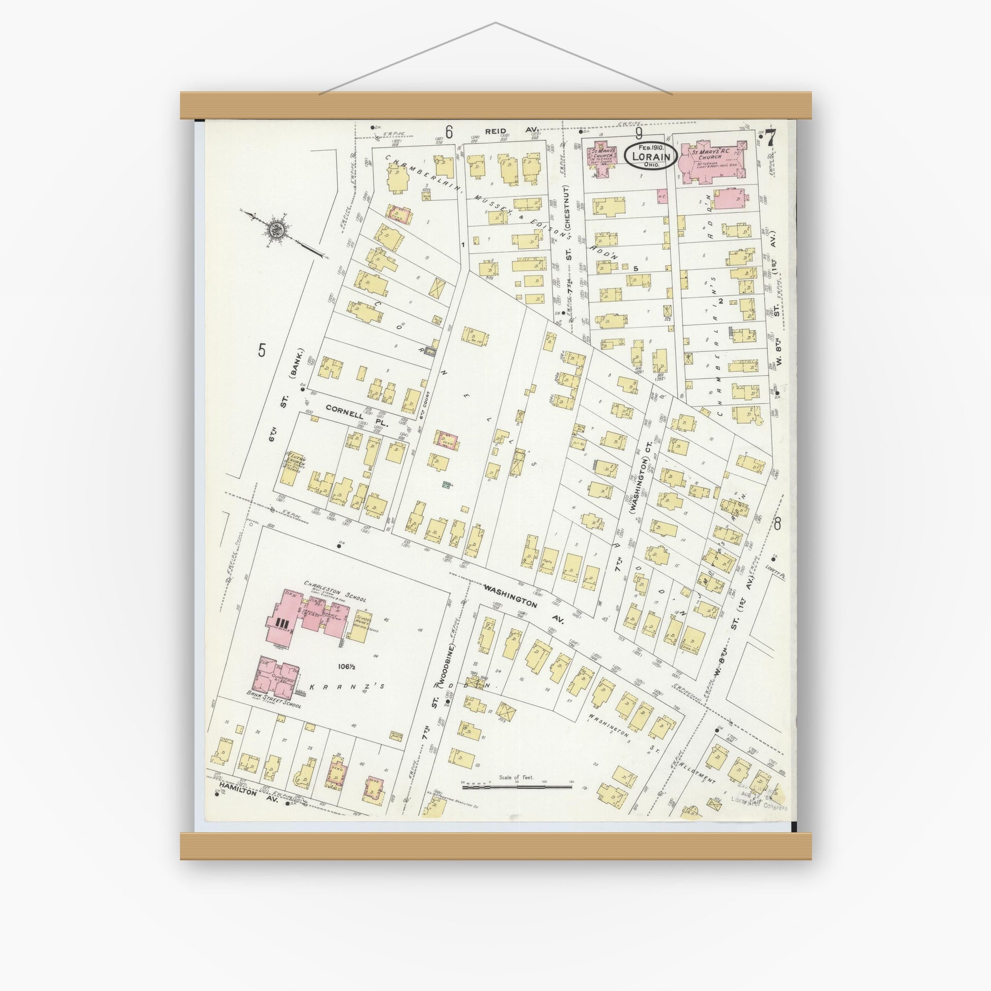 Old map wall art mockup — magnetic wood frame on white wall — Sanborn Fire Insurance Map from Lorain, Lorain County, Ohio (1910), Sheet #0007