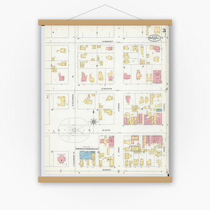 Old map wall art mockup — magnetic wood frame on white wall — Sanborn Fire Insurance Map from Marshall, Calhoun County, Michigan (1906), Sheet #0003
