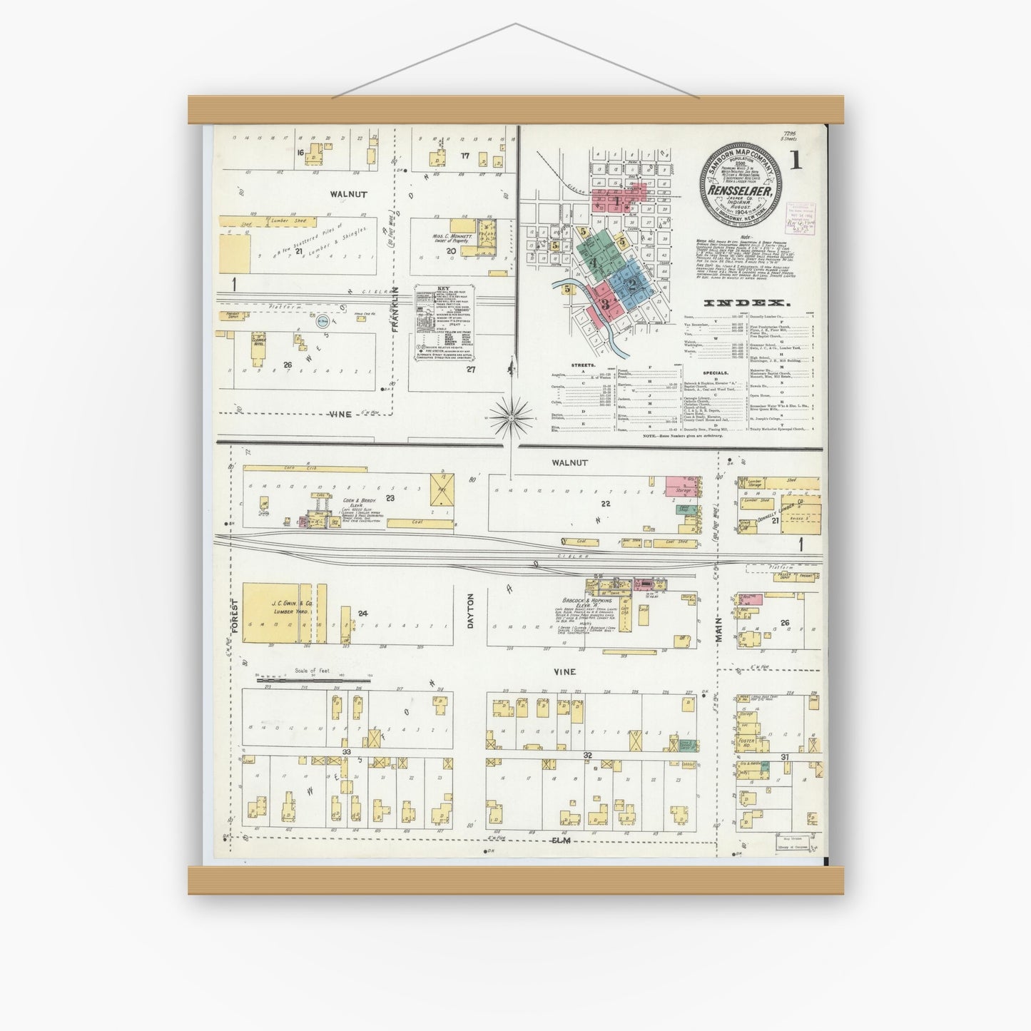 Old map wall art mockup — magnetic wood frame on white wall — Sanborn Fire Insurance Map from Rensselaer, Jasper County, Indiana (1904) - Complete Map Set