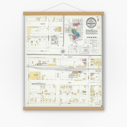 Old map wall art mockup — magnetic wood frame on white wall — Sanborn Fire Insurance Map from Rensselaer, Jasper County, Indiana (1904) - Complete Map Set