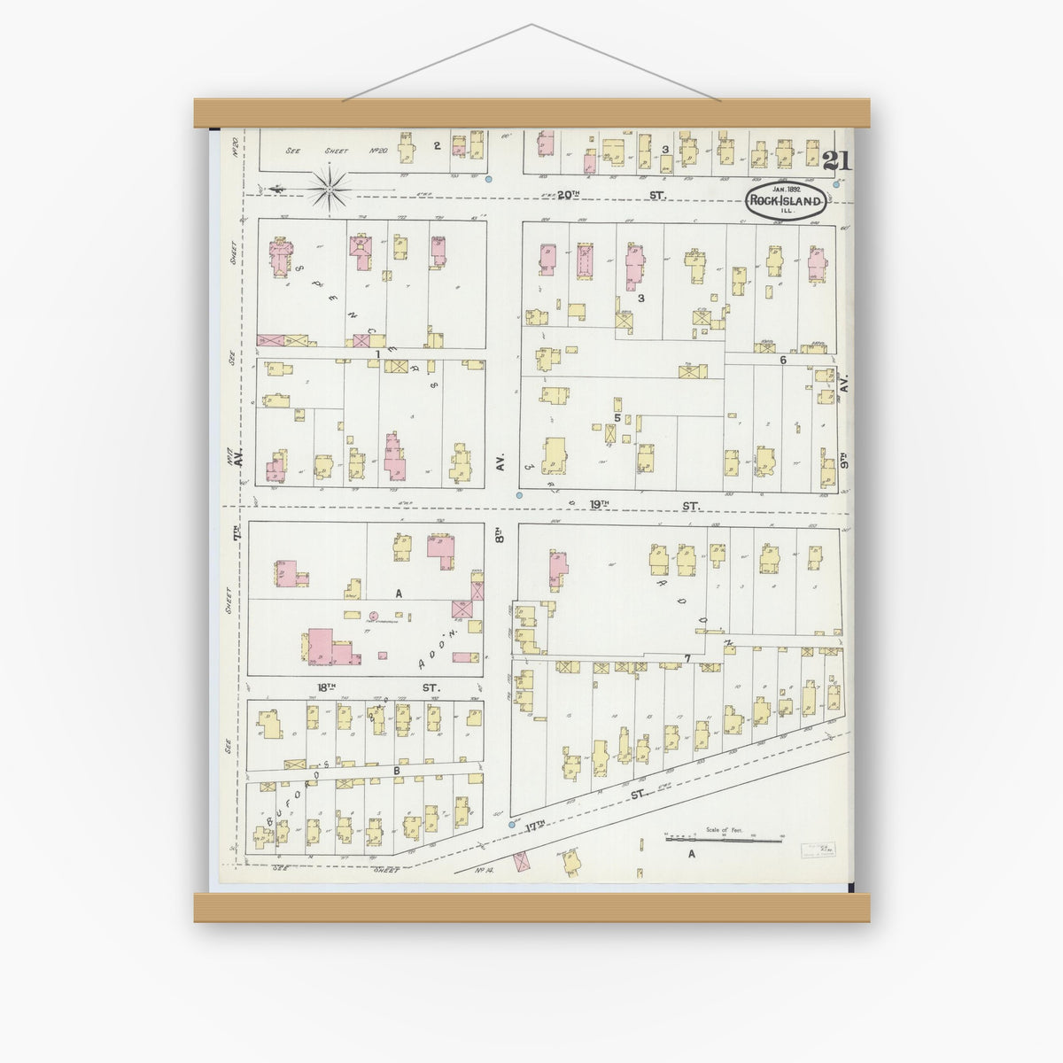 Old map wall art mockup — magnetic wood frame on white wall — Sanborn Fire Insurance Map from Rock Island, Rock Island County, Illinois (1892), Sheet #0021
