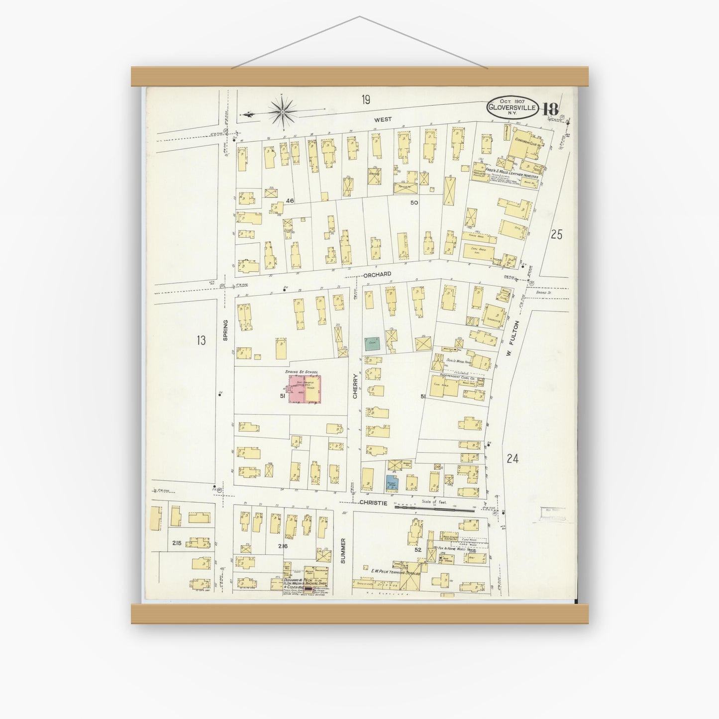 Old map wall art mockup — magnetic wood frame on white wall — Sanborn Fire Insurance Map from Gloversville, Fulton County, New York (1907), Sheet #0018