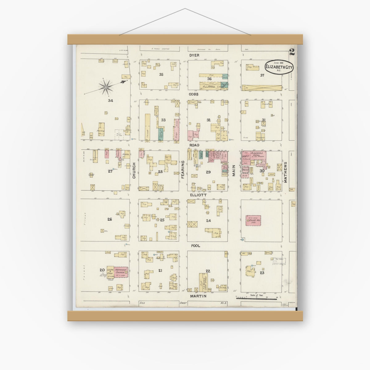 Old map wall art mockup — magnetic wood frame on white wall — Sanborn Fire Insurance Map from Elizabeth City, Pasquotank County, North Carolina (1891), Sheet #0002