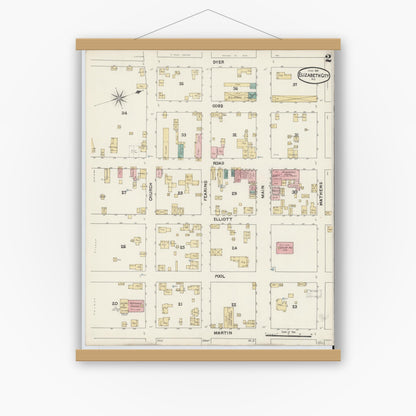 Old map wall art mockup — magnetic wood frame on white wall — Sanborn Fire Insurance Map from Elizabeth City, Pasquotank County, North Carolina (1891), Sheet #0002