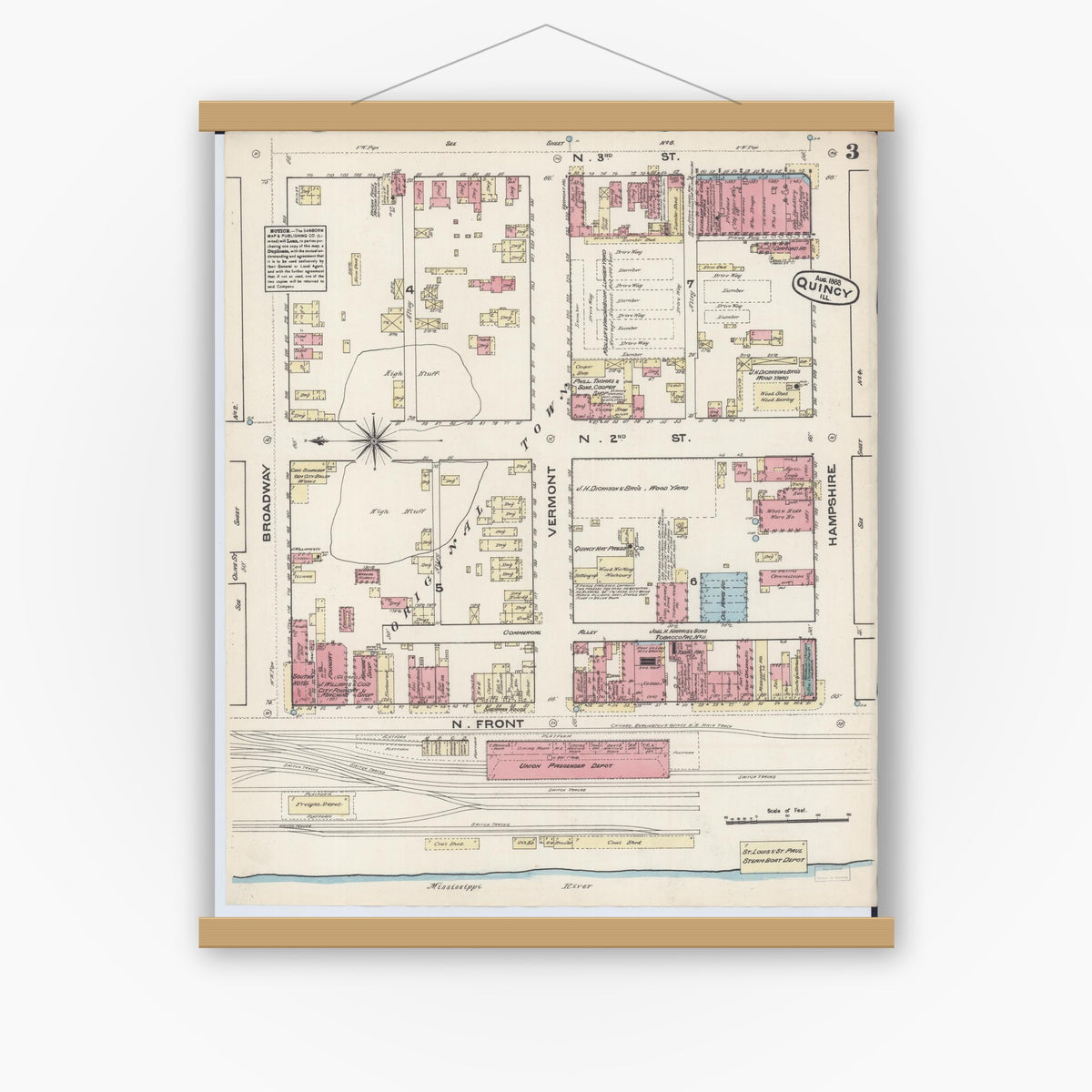 Old map wall art mockup — magnetic wood frame on white wall — Sanborn Fire Insurance Map from Quincy, Adams County, Illinois (1883), Sheet #0003