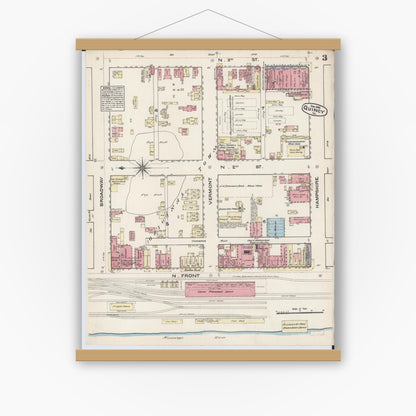 Old map wall art mockup — magnetic wood frame on white wall — Sanborn Fire Insurance Map from Quincy, Adams County, Illinois (1883), Sheet #0003