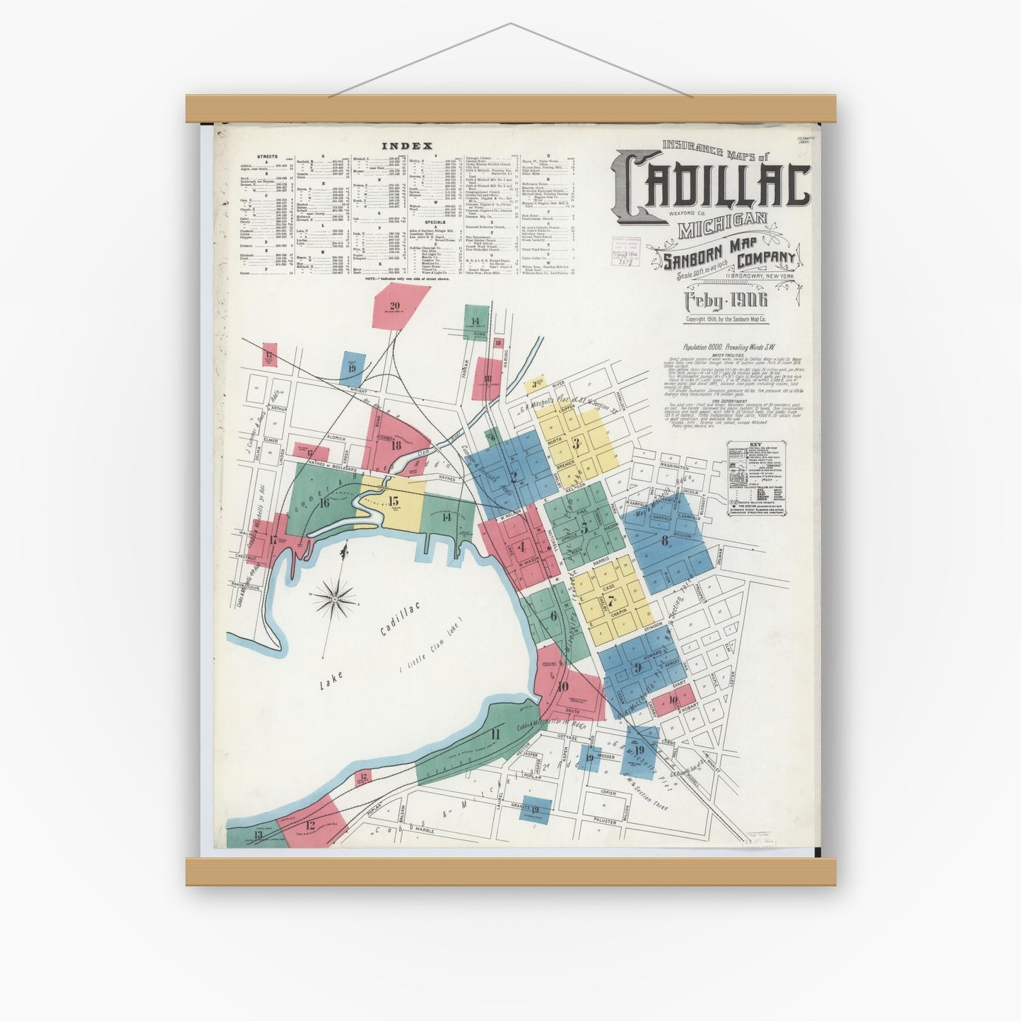 Old map wall art mockup — magnetic wood frame on white wall — Sanborn Fire Insurance Map from Cadillac, Wexford County, Michigan (1906) - Complete Map Set