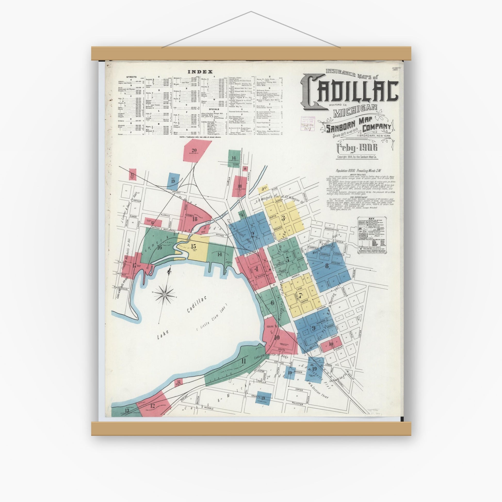 Old map wall art mockup — magnetic wood frame on white wall — Sanborn Fire Insurance Map from Cadillac, Wexford County, Michigan (1906) - Complete Map Set