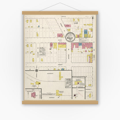 Old map wall art mockup — magnetic wood frame on white wall — Sanborn Fire Insurance Map from Ashley, Steuben County, Indiana (1917), Sheet #0001