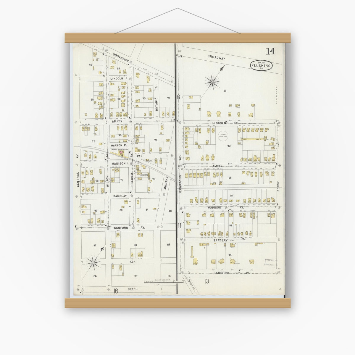Old map wall art mockup — magnetic wood frame on white wall — Sanborn Fire Insurance Map from Flushing, Queens County, New York (1897), Sheet #0014