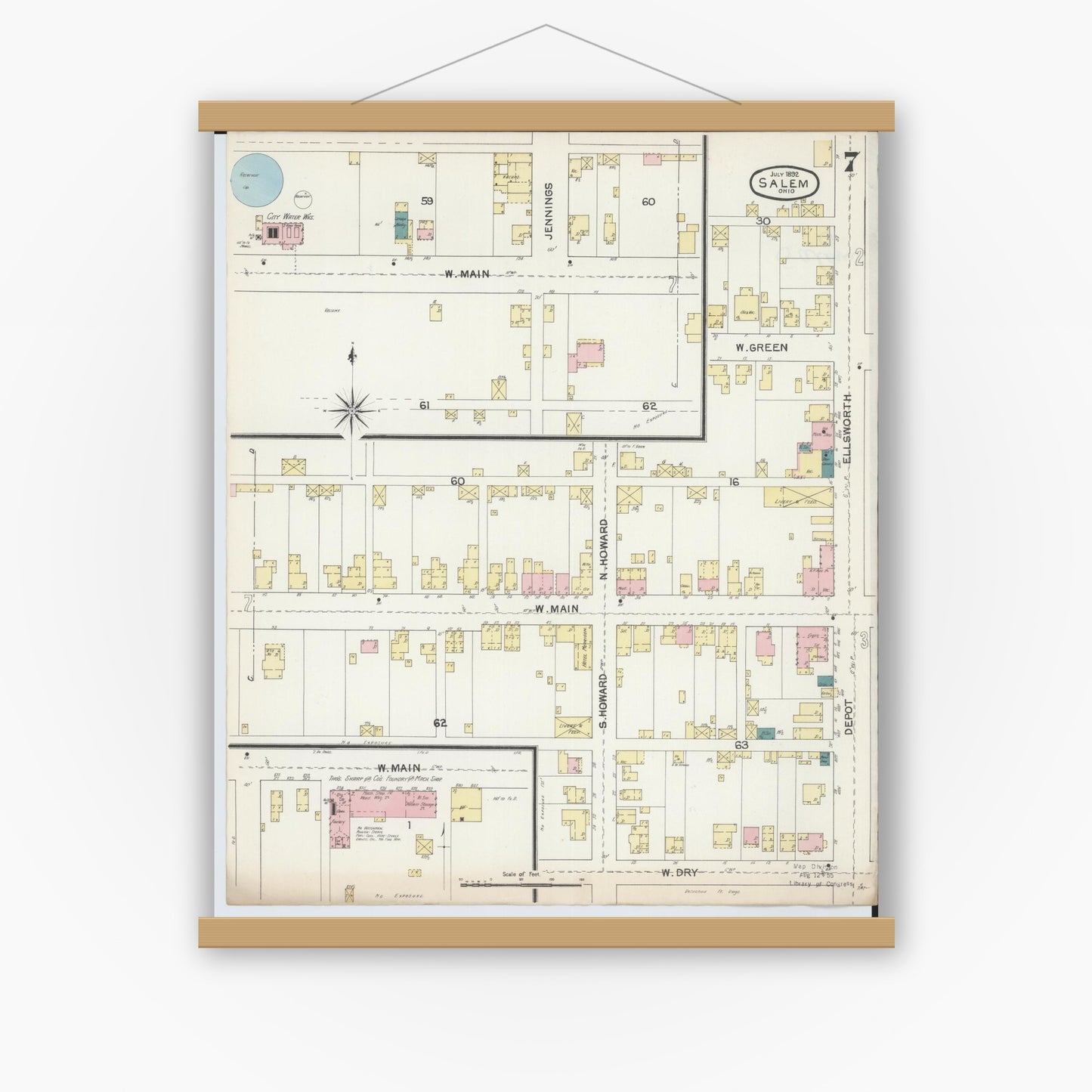 Old map wall art mockup — magnetic wood frame on white wall — Sanborn Fire Insurance Map from Salem, Columbiana County, Ohio (1892), Sheet #0007